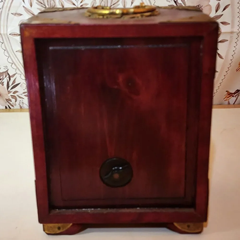 Vintage Chinese Musical Jewelry Box Brass Inlay 3 Drawer Wood Cabinet Memories